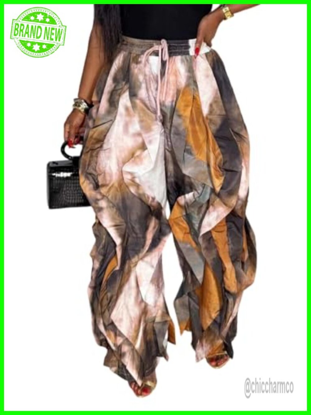 Women's Ruffle Cargo High Waisted Wide Leg Parachute Palazzo Pants